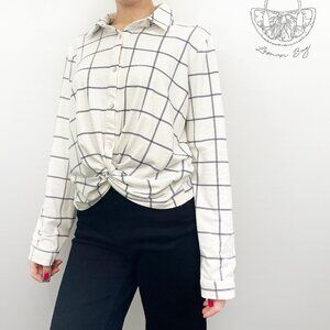 Sweet Rain / Button Down Knot Relaxed Fit Shirt / White Black Windowpane / L(M)